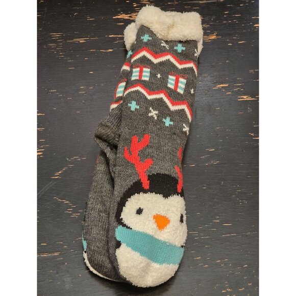Fuzzy Babba Long Cozy Warmer Socks With Penguin & Reindeer Antlers Design - Picture 2 of 3